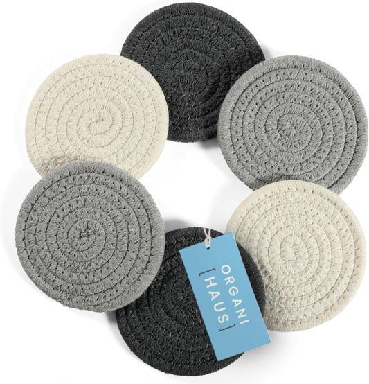 Set of 6 Gray Woven Coasters for Wooden Table, 4.3" Cup Coasters for Drinks, Absorbent Coasters, Cute Fabric Coasters, Farmhouse Coasters for Coffee Table, Moisture Absorbing Coasters